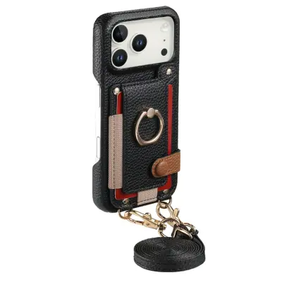 iPhone 17 Pro Max Mobilskal med Korthållare Ring Kickstand (Svart)