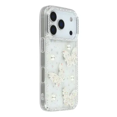 iPhone 17 Pro Max Mobilskal Rhinestone Edge Pearl Butterfly