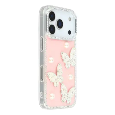 iPhone 17 Pro Max Mobilskal Rhinestone Edge Pearl Butterfly