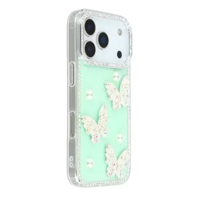 iPhone 17 Pro Max Mobilskal Rhinestone Edge Pearl Butterfly