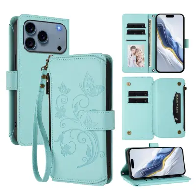 iPhone 17 Pro Max Plånboksfodral Butterfly Floral Imprint - Mintgrön