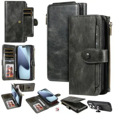 iPhone 17 Pro Max Konstläder Plånboksfodral Detachable Zipper - Grön