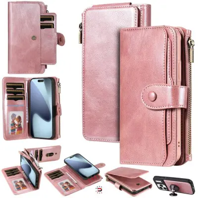 iPhone 17 Pro Max Konstläder Plånboksfodral Detachable Zipper - Roséguld