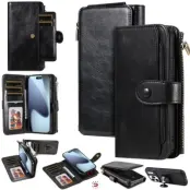 iPhone 17 Pro Max Konstläder Plånboksfodral Detachable Zipper - Svart