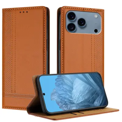 iPhone 17 Pro Max Plånboksfodral L Shaped Grid Pattern - Brun