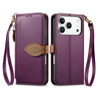 iPhone 17 Pro Max Plånboksfodral Leaf Magnetiskt Spänne Konstläder - Lila (Lila)