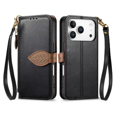 iPhone 17 Pro Max Plånboksfodral Leaf Magnetiskt Spänne Konstläder (Svart)