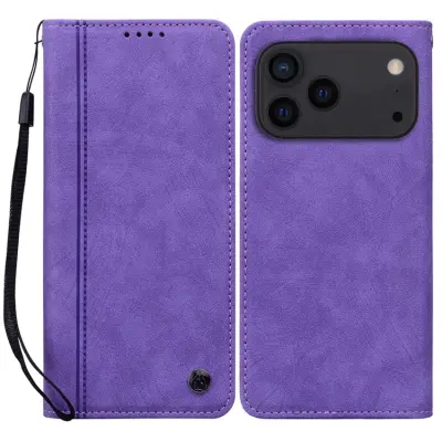 iPhone 17 Pro Max Konstläder Plånboksfodral med Rem Lines Pattern - Lila