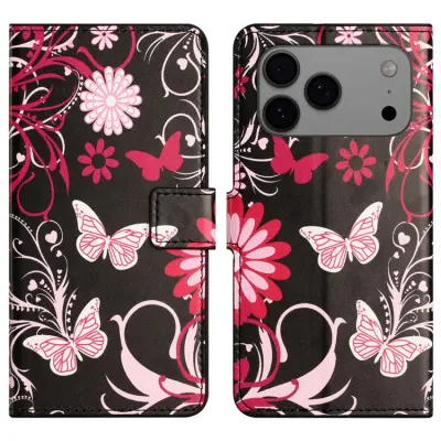 iPhone 17 Pro Max Konstläder Plånboksfodral Pattern Print - Svart Fjäril