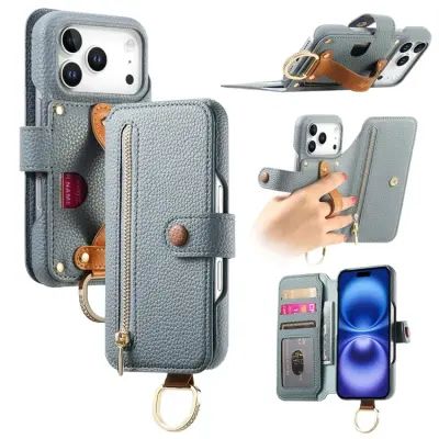 iPhone 17 Pro Max Konstläder Plånboksfodral RFID-Skydd Zipper - Blå (Blå)