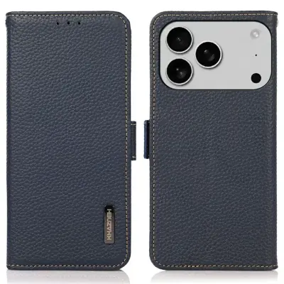 Khazneh iPhone 17 Pro Max Plånboksfodral Äkta Läder Rfid - Blå