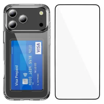 WANLONFENG iPhone 17 Pro Max Mobilskal Korthållare med Härdat Glas Skärmskydd