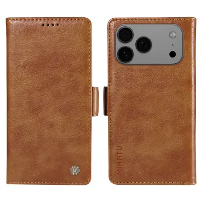 YIKATU iPhone 17 Pro Max Konstläder Plånboksfodral Litchi Texture - Brun
