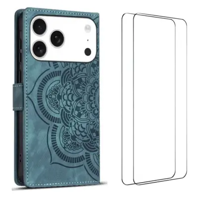 [2Pcs] WANLONFENG iPhone 17 Pro Konstläder Plånboksfodral MTL Series - Blå