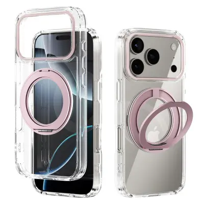 ABEEL Q-LUCK iPhone 17 Pro Mobilskal Shockproof Rotating Kickstand Rosa
