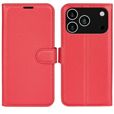 AMORUS iPhone 17 Pro Konstläder Plånboksfodral Flipstativ Litchi - Röd