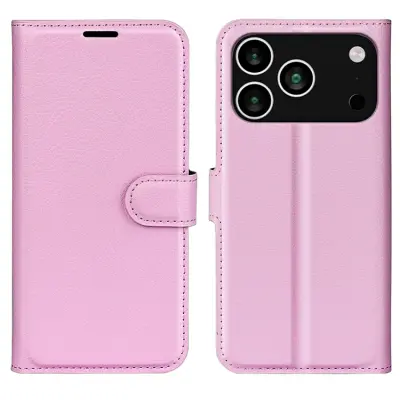 AMORUS iPhone 17 Pro Konstläder Plånboksfodral Flipstativ Litchi - Rosa