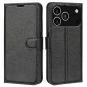 AMORUS iPhone 17 Pro Plånboksfodral Flipstativ Litchi - Svart