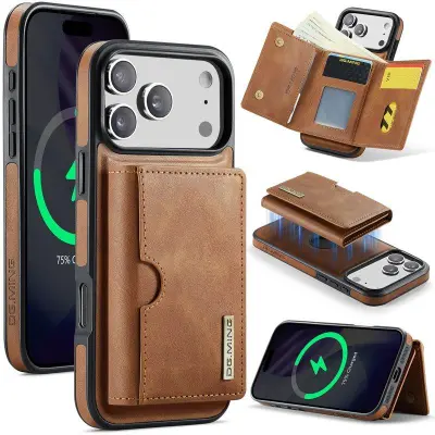 DG.MING M6 Series iPhone 17 Pro Mobilskal Magnetiskt Plånboksfodral Brun