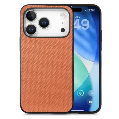 iPhone 17 Pro Mobilskal Carbon Fiber PU Läder - Brun