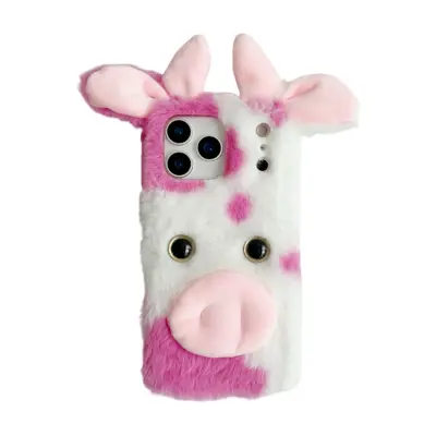 iPhone 17 Pro Mobilskal Fluffy Cute Cow Plush TPU - Rosa