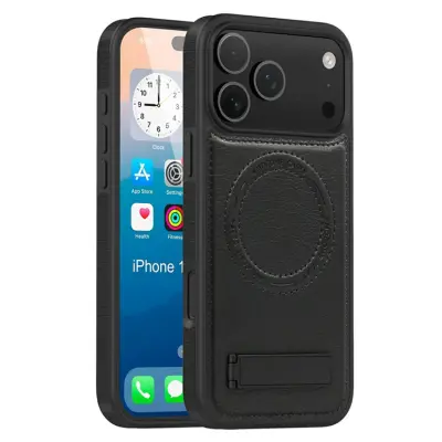 iPhone 17 Pro Mobilskal MagSafe Kickstand Läder - Svart