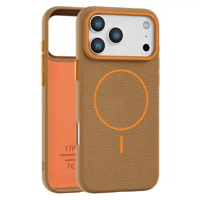 iPhone 17 Pro Mobilskal Magsafe Litchi Pattern - Guld / Brun