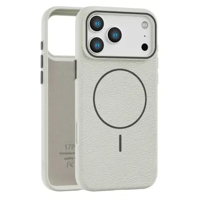 Mobilskal till iPhone 17 Pro Magsafe Litchi Pattern - Vit