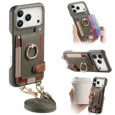 iPhone 17 Pro Mobilskal med Korthållare Ring Kickstand - Grå (Grå)