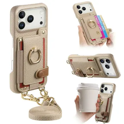 iPhone 17 Pro Mobilskal med Korthållare Ring Kickstand - Khaki (Khaki)