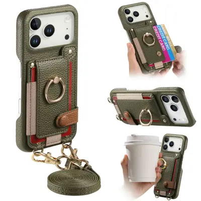 iPhone 17 Pro Mobilskal med Korthållare Ring Kickstand - Grön (Midnight Grön)