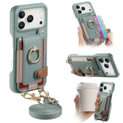 iPhone 17 Pro Mobilskal med Korthållare Ring Kickstand - Blå (Sky Blå)