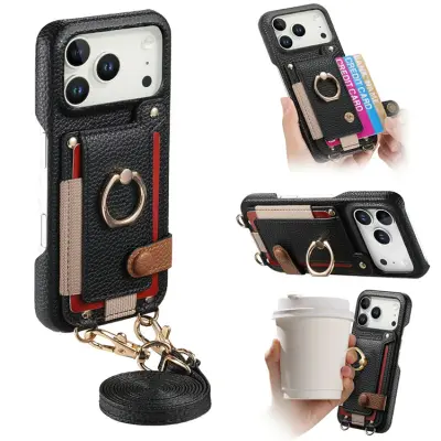 iPhone 17 Pro Mobilskal med Korthållare Ring Kickstand (Svart)