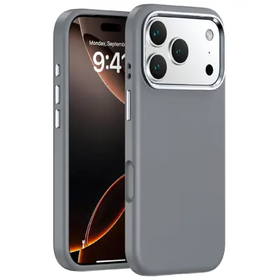 iPhone 17 Pro Mobilskal med Metall Linsbåge Liquid Silikon - Grå