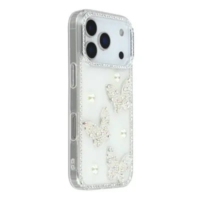 iPhone 17 Pro Mobilskal Rhinestone Edge Pearl Butterfly