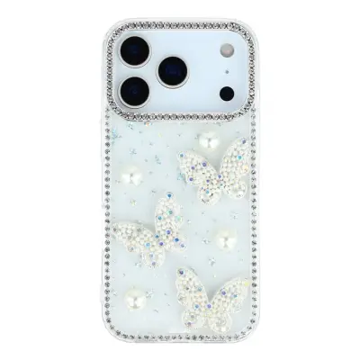 iPhone 17 Pro Mobilskal Rhinestone Edge Pearl Butterfly