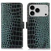 iPhone 17 Pro Plånboksfodral Äkta Läder Crocodile - Grön