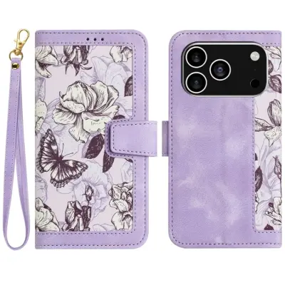 iPhone 17 Pro Plånboksfodral Floral Konstläder - Lila