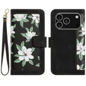 iPhone 17 Pro Plånboksfodral Floral Konstläder - Svart