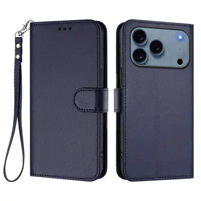 iPhone 17 Pro Plånboksfodral Läder med Handledsrem - Blå