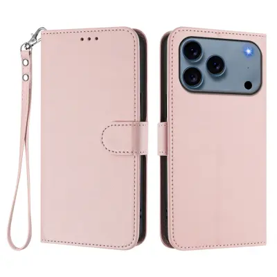 iPhone 17 Pro Plånboksfodral Läder med Handledsrem - Rosa