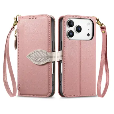 iPhone 17 Pro Plånboksfodral Leaf Magnetiskt Spänne Konstläder (Roséguld)