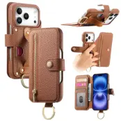 iPhone 17 Pro Konstläder Plånboksfodral RFID-Skydd Zipper - Brun