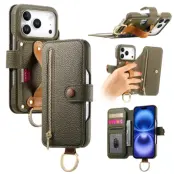 iPhone 17 Pro Konstläder Plånboksfodral RFID-Skydd Zipper - Grön