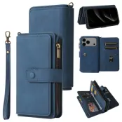 iPhone 17 Pro Konstläder Plånboksfodral Zipper Rem (Blå)