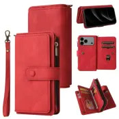 iPhone 17 Pro Konstläder Plånboksfodral Zipper Rem (Röd)