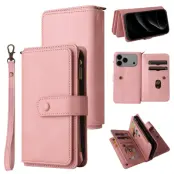 iPhone 17 Pro Konstläder Plånboksfodral Zipper Rem (Rosa)