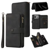 iPhone 17 Pro Konstläder Plånboksfodral Zipper Rem (Svart)