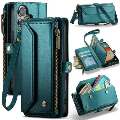 CASEME Plånboksfodral Konstläder för iPhone 17 med dragkedja - Grön