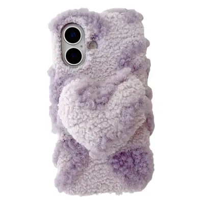 iPhone 17 Mobilskal 3D Heart Plush TPU Winter Warm Soft - Lila